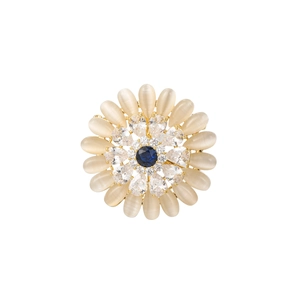 Elegant rotating sun flower brooch with blue cat eye stone and zircon crystals in gold