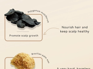 Detail showing hair dye pen ingredients like Polygonum multiflorum for scalp health