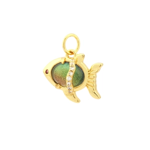 Detail of 18K gold-plated fish pendant with green crystal and sparkling zircon inlays