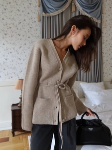 Women Knit Cardigan Sweater V Neck Button Down With Waist Tie And Pockets Long Sleeve Casual Loose Elegant Outerwear
