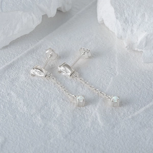 Detailed view of S925 sterling silver drop earrings with pear zircon and white opal stones