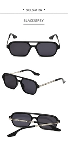 Macro detail of aviator sunglasses featuring a black double-bridge frame and grey lenses