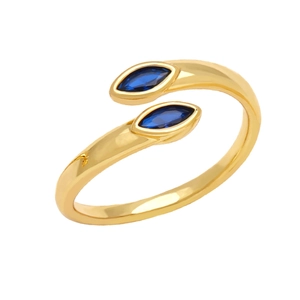 Minimalist gold adjustable open ring featuring marquise-cut deep blue zircon gemstones