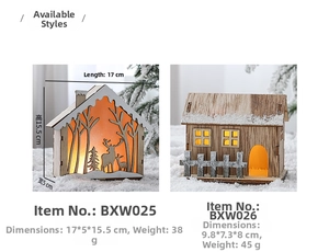 Detail of wooden Christmas houses with LED lights showing reindeer design and dimensions