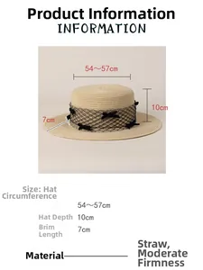 Detailed dimensions of beige straw boater hat with black mesh and bow decorations