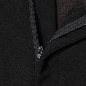 Elegant black two-piece set featuring close-up details of premium metal zipper and fabric