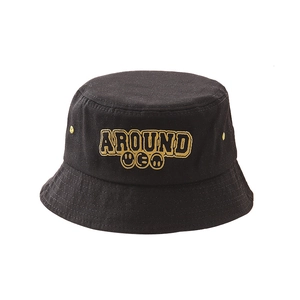 Kids black canvas bucket hat with gold AROUND embroidery and smile patterns