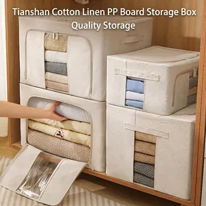 Foldable Storage Box Cotton Linen Fabric With Steel Frame PP Board Transparent Window Double Zipper Closet Organizer
