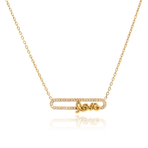 Collana in acciaio inossidabile dorato 18K con ciondolo Love e zirconi rettangolari
