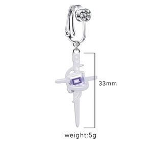 Macro shot of silver sword clip earring with purple gemstone and 33mm length detail