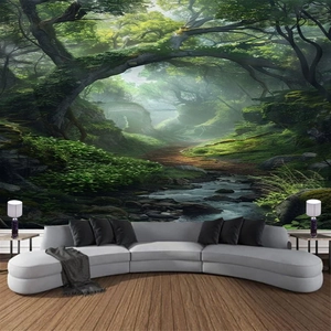 Lush forest wall tapestry showing ancient trees and streams for living room decor