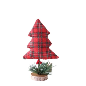 Mini fabric Christmas tree with red plaid pattern and natural wooden base desktop ornament