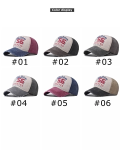 Multiple colors of vintage washed denim baseball caps shown in a grid layout