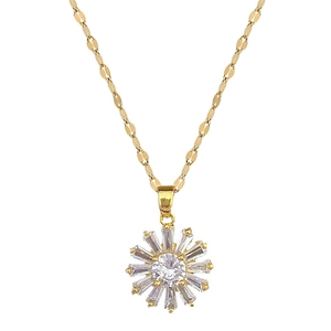Gold sunflower pendant necklace with zircon stones and unique oval link chain detail