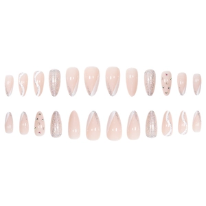 Water drop nude press-on nails with glitter gradient and French white ripple design