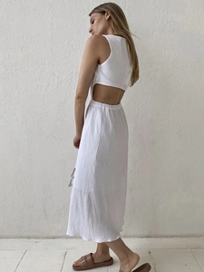 White sleeveless textured midi dress with open back cut-out and button details
