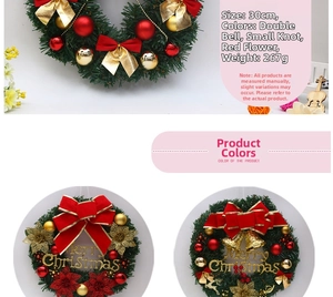 Detail of 30cm Christmas wreath with red flowers, gold ornaments and Merry Christmas sign