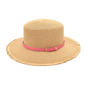 Flat top straw boater hat with pink leather belt and fringe brim for summer outdoor sun protection