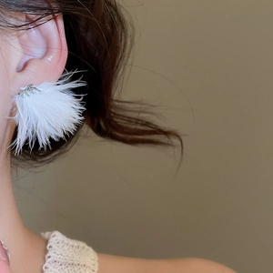 Dettaglio di orecchini con piume bianche su modella per un look invernale delicato