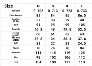 Detailed sizing chart for tweed dress including measurements for XS to L sizes