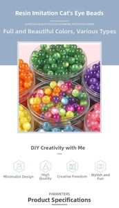 Detail of colorful resin cat-eye beads in transparent jars for DIY jewelry making