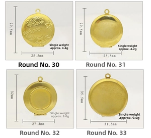Vue détaillée de médaillons dorés ronds avec spécifications de taille et de poids