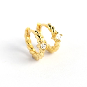 Elegant gold-plated S925 silver twisted hoop earrings with square clear gemstone