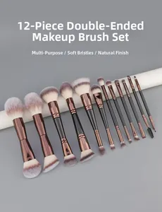 Close-up of 12 dual-ended makeup brushes with purple gradient bristles on a stand