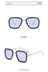Front and 45-degree angle view of aviator sunglasses with light blue lenses and silver frames