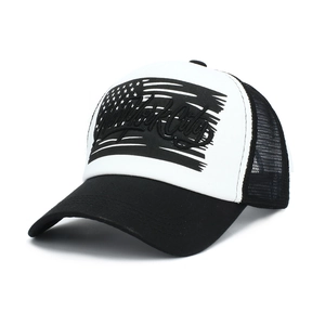Detail of New York City embroidery and American flag print on breathable mesh cap