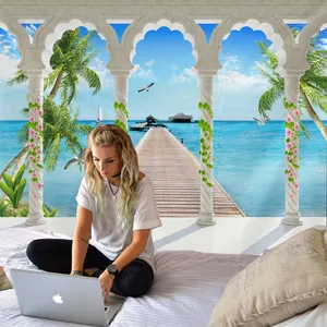 Detail of tropical seaside arch wall tapestry showing a wooden pier and blue ocean view