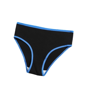 High waist cotton ribbed women's briefs in black with blue trim for sports and leisure