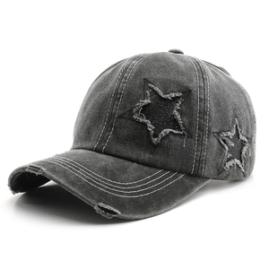 Vintage washed charcoal gray baseball cap with star patch and distressed detailing