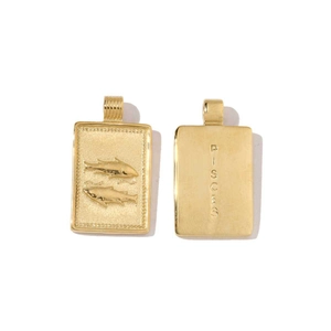 Detailed front and back view of golden Pisces zodiac rectangular pendant accessory