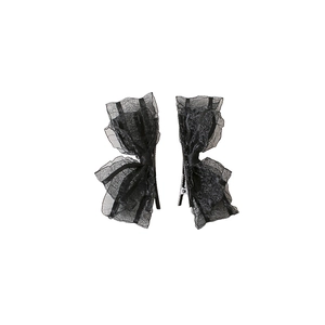 Pair of elegant black lace bow hair clips with subtle sparkles on a white background