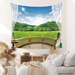 Minimalist Nordic tapestry with nature landscape view hanging over a cozy bedroom headboard