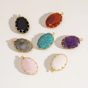 Oval natural stone pendants with gold stainless steel edges for DIY jewelry making