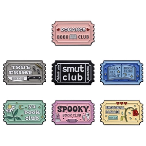 Set of 7 colorful enamel bookworm pins featuring diverse themes like Romance and True Crime