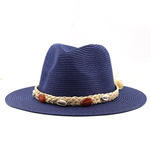 Navy blue woven straw sun hat with shell and amber bead band for beach vacations