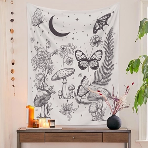 Bohemian moth and mushroom tapestry wall hanging with floral and crescent moon design
