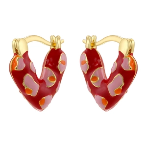 Creative heart-shaped gold hoops with colorful oil-dripped red and pink leopard patterns