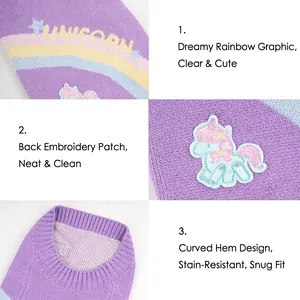 Purple unicorn knit dog sweater with rainbow stripes and embroidered patch for pets