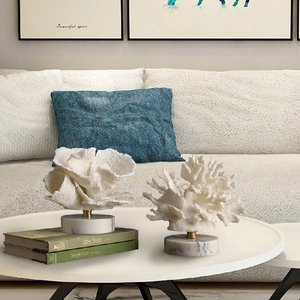 Nordic style white resin coral ornaments on marble bases for modern home living room decor