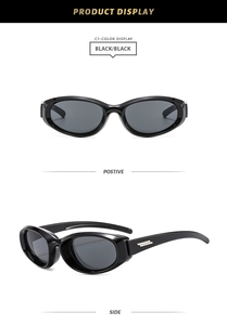 Detailed front and side views of black Y2K oval sunglasses with iconic silver metal accents