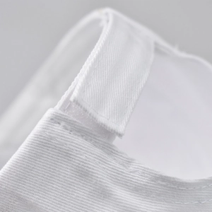 Detail view of the adjustable white navy baseball cap with velcro strap closure