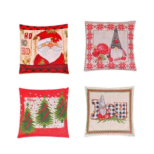 Set of four Christmas linen throw pillow covers with Santa and holiday motifs