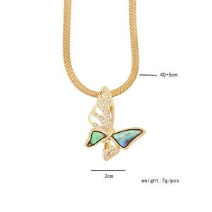 Detail of golden abalone shell butterfly necklace with zircon wings and dimensions