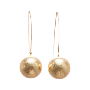 Minimalist gold brushed metal sphere drop earrings with sleek curved hooks on white background