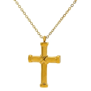 Gold stainless steel cross necklace with bamboo texture and dainty cable chain