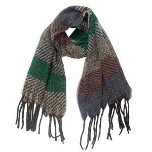 Close-up of multicolored striped scarf detail featuring tweed texture and fringe trim